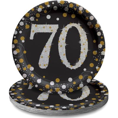 Amscan Sparkling Celebration 70th Birthday Round Prismatic Party Plates (7") Pack of 8 - Elegant Black, Silver & Gold Tableware, Perfect for Milestone Events