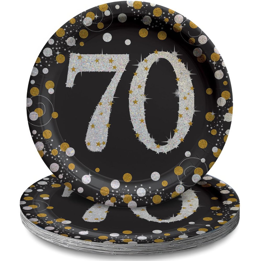 Amscan Sparkling Celebration 70th Birthday Round Prismatic Party Plates (7") Pack of 8 - Elegant Black, Silver & Gold Tableware, Perfect for Milestone Events