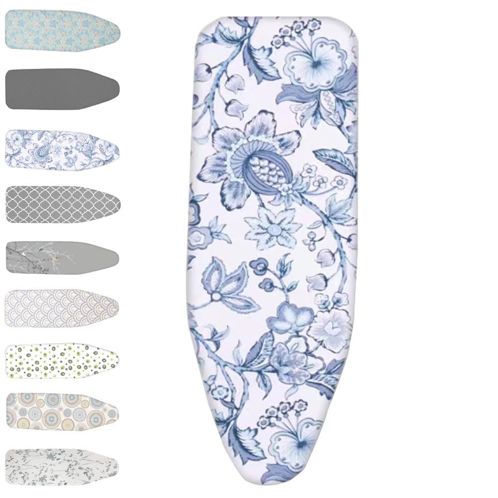 TAJMDGW Cotton Iron Board Cover with Padding 13x38 14x43 15x48In Heat Resistant Ironing Board Cover and Pad, Ironing Board Pad Adjustable(Blue White,110x35 cm (14x43inch))