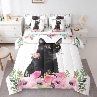 Erosebridal Black Cat Queen Comforter Set - 7 Pieces Kitten Cute Pet Animal Bedding Sets Queen Bed in a Bag with Reversible Watercolor Rose Flowers Comforter,Sheets,Pillowcases & Shams