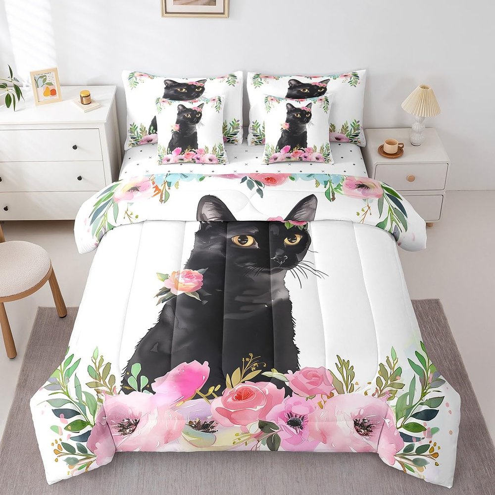 Erosebridal Black Cat Queen Comforter Set - 7 Pieces Kitten Cute Pet Animal Bedding Sets Queen Bed in a Bag with Reversible Watercolor Rose Flowers Comforter,Sheets,Pillowcases & Shams