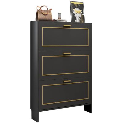 3 Flip Drawers Rattan Shoe Cabinets, Modern Vintage, 24 Pairs Freestanding Shoe Rack Storage Organizer, 3 Tier Wood Shoe Storage Cabinet for Entryway Hallway Doorway,5017118cm/206.746in