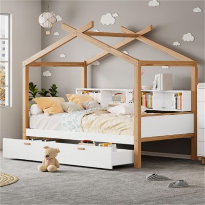 CIGEGE White Twin Size Wooden House Bed Original Wood Colored Frame with Two Drawers and Bookshelf Storage Space for Children or Guest Room