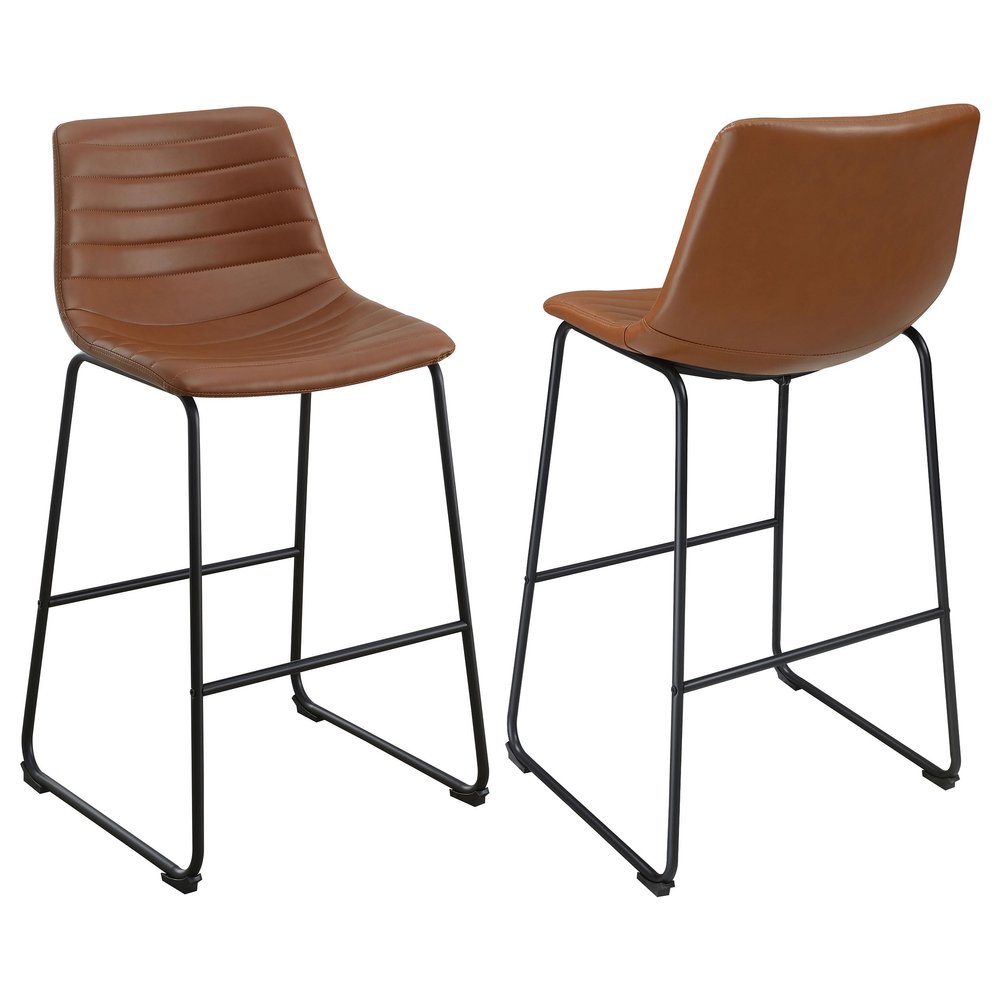 Coaster Home Furnishings - Zuni - Faux Leather Upholstered Counter Height Chairs (Set of 2) - Bucket Style, Channel Tufting, Footrest - Dining Room & Kitchen - 26-inch - Saddle Brown & Black - 107218