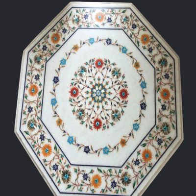 White Marble Coffee Table Top Unique Pattern Inlay Work Octagonal Shape Balcony Table for Hotel Furniture Decpr 27 x 27 Inches