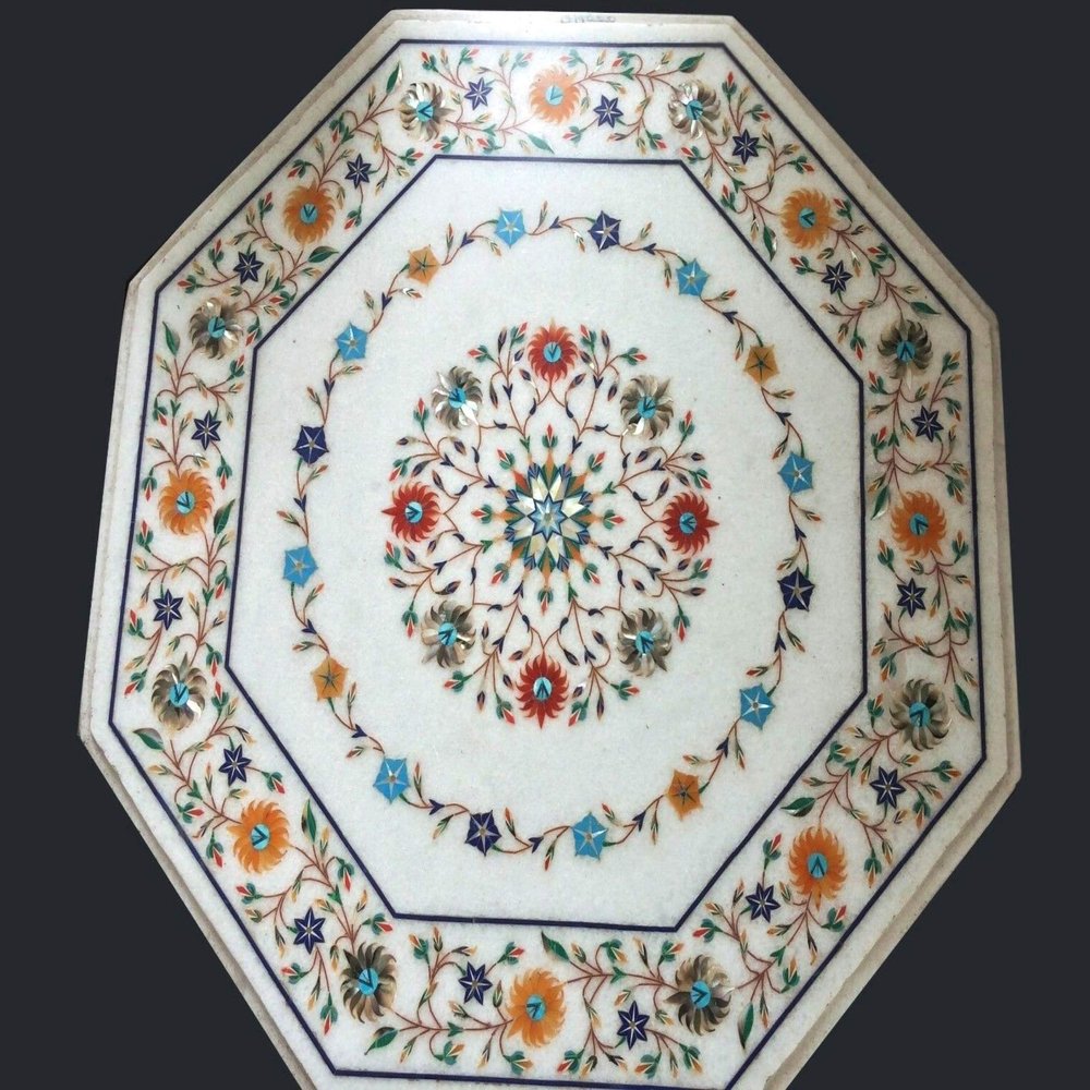 White Marble Coffee Table Top Unique Pattern Inlay Work Octagonal Shape Balcony Table for Hotel Furniture Decpr 27 x 27 Inches