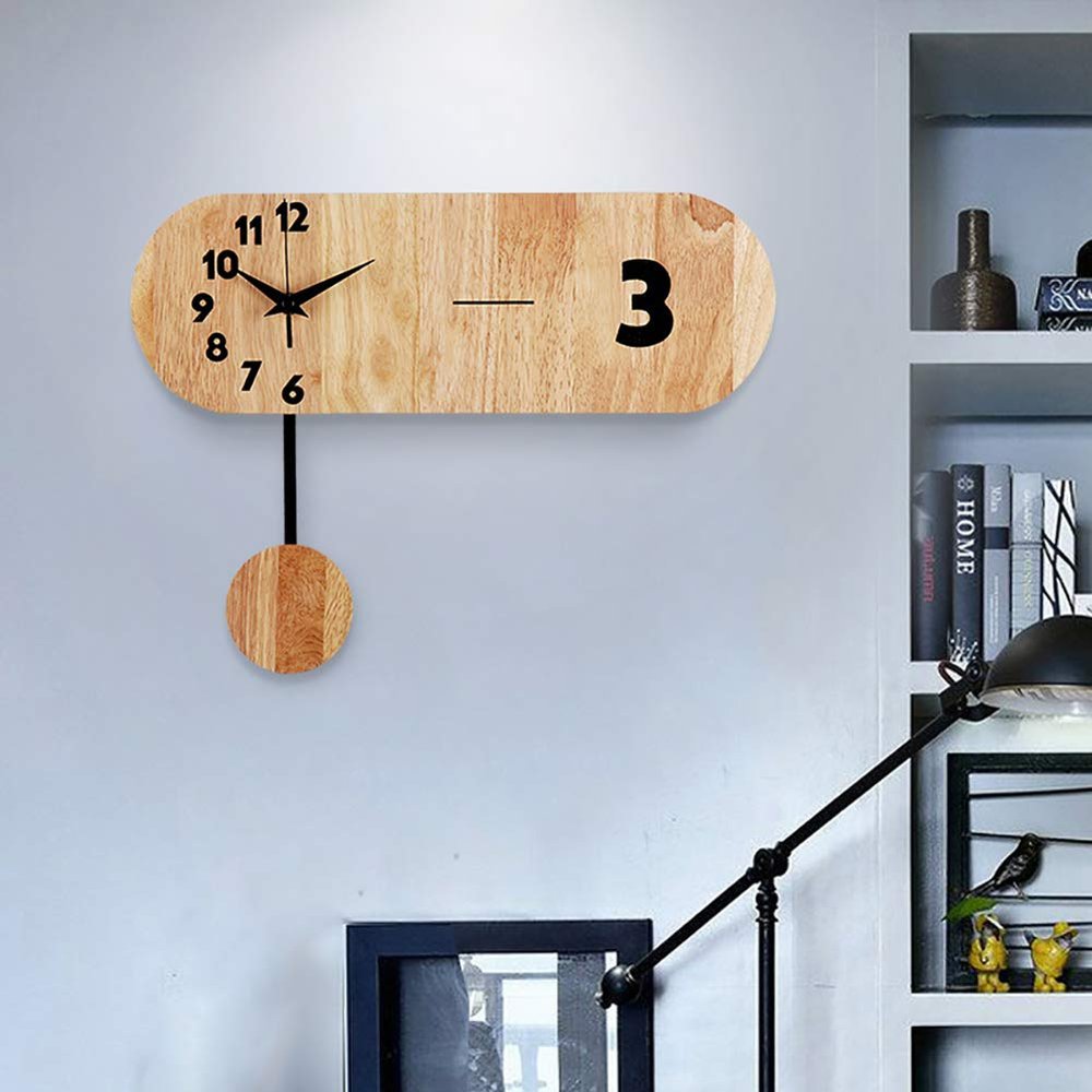 Pendulum Wall Clock,Battery Operated Silent Non Ticking Large Stylish Solid Wood Wall Clock for Living Room Kitchen Home Decor A