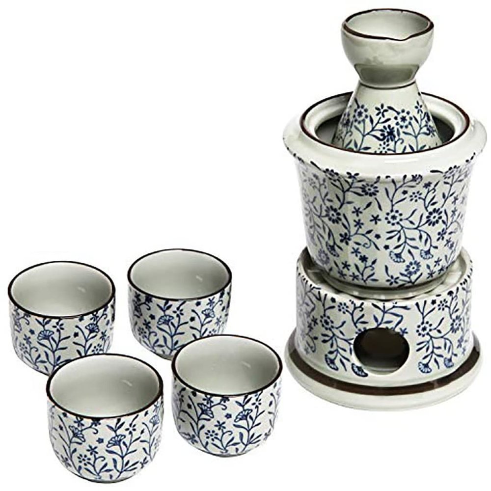 7-Piece Floral Design Ceramic Japanese Hot Sake Set with Warmer, 4 Cups, Carafe & Heating Pot (Color : Black, Size : 1 Set) (D 1 Set)