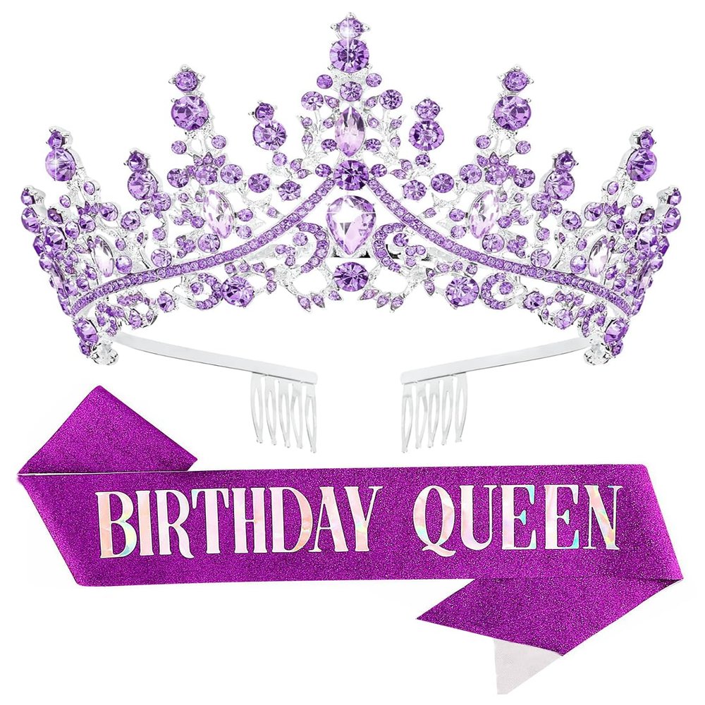 Papoopy Birthday Tiara Crown with Sash for Women, Birthday Queen for Party
