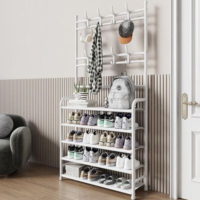 Shoe Rack 5-Tier Entryway Coat Rack, Double Row Hooks Coat and Shoe Rack, Metal Organizer Shelf for Living Room, Bedroom, Office(White,32in/80cm)