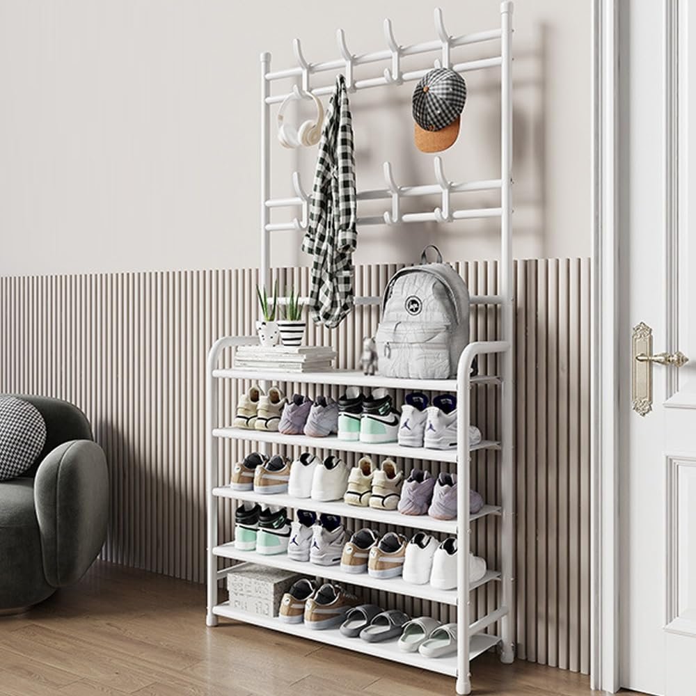Shoe Rack 5-Tier Entryway Coat Rack, Double Row Hooks Coat and Shoe Rack, Metal Organizer Shelf for Living Room, Bedroom, Office(White,32in/80cm)