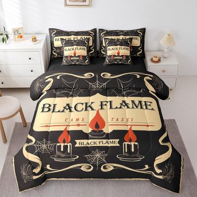 Feelyou Happy Halloween Comforter Set with Sheets Queen Size Black Flame 7 Piece Bedding Set for Kids Boys Girls Teens Candle Bed in a Bag Spiderweb Bed Set
