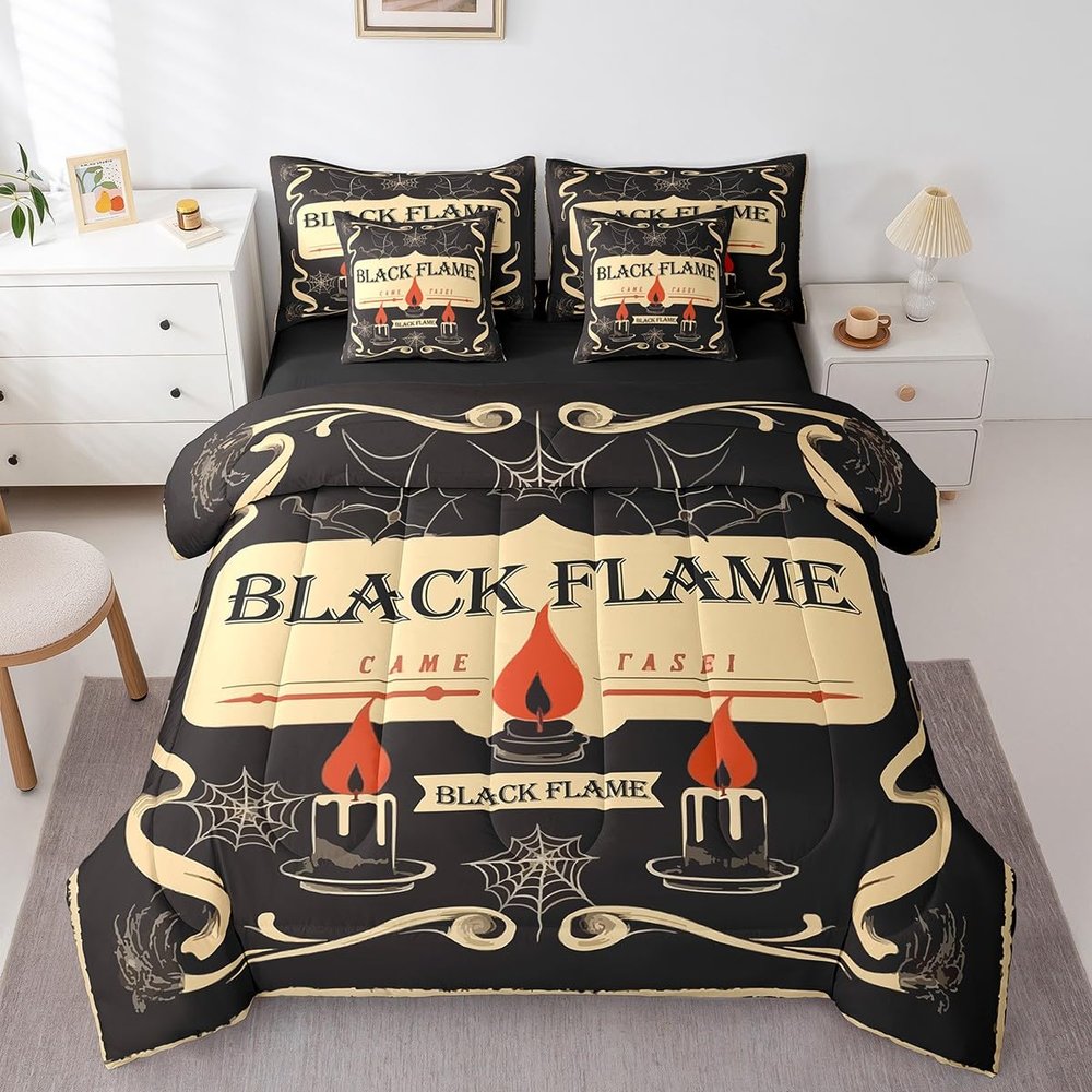 Feelyou Happy Halloween Comforter Set with Sheets Queen Size Black Flame 7 Piece Bedding Set for Kids Boys Girls Teens Candle Bed in a Bag Spiderweb Bed Set