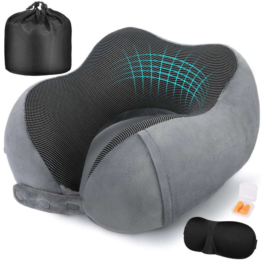 Cirorld Neck Pillow for Traveling, Travel Pillows for Airplanes,100% Pure Memory Foam Travel Neck Pillow, Adjustable Flight Pillow, Portable Plane Accessories with Eye Mask, Earplugs, Carry Bag