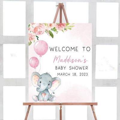 Baby Shower Sign, Baby Shower Welcome Sign, Blush Pink Elephant Baby Shower Welcome Sign, Girl Baby Elephant Welcome Sign, Pink Floral Baby Shower Sign, Baby Shower Party