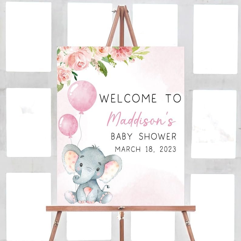 Baby Shower Sign, Baby Shower Welcome Sign, Blush Pink Elephant Baby Shower Welcome Sign, Girl Baby Elephant Welcome Sign, Pink Floral Baby Shower Sign, Baby Shower Party