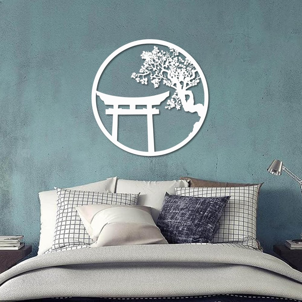 Sakura Metal Wall Art, Cherry Blossom Tree Wall Decor, Japanese Metal Wall Art, Japanese Wall Decor, Geometric Wall Art, Round Metal Wall Decor, Wall Decor Living Room (White, 39 x 39 in / 100x 100cm)