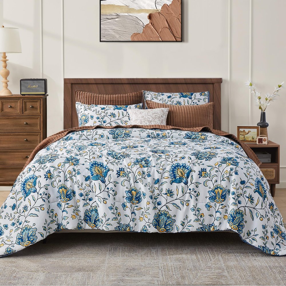 Wonderful Blue Floral Comforter Set King Size, Linen-Like Bedding Sets with Pillow Shams, Flower Bedspread Lightweight Comforter Bed Cover for All Season