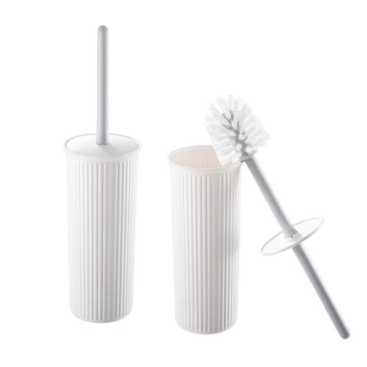 Decorative Plastic Toilet Bowl Brush and Holder Set, White (2 Pack) Cleaner Scrubber for Bathroom - Ribbed Design