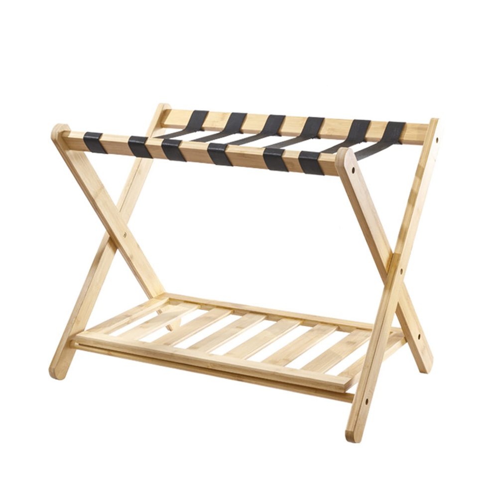 Folding Luggage Rack with Bottom Shelf,Folding Luggage Rack for Guest Room with 6 Black Nylon Straps Suitcase Rack for Bedroom,Guest Room,Hotel Wood Color