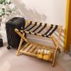 Folding Luggage Rack with Bottom Shelf,Folding Luggage Rack for Guest Room with 6 Black Nylon Straps Suitcase Rack for Bedroom,Guest Room,Hotel Wood Color view 2