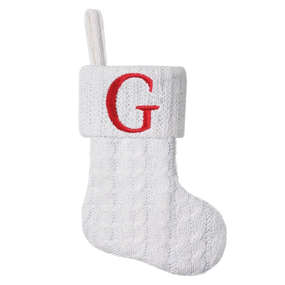 Pxniy Mini White Knit Stocking,8.5 Inches Initial Monogram EmbroideWhite Christmas Stocking,Family Fireplace Hanging Ornament Xmas Holiday Decor Gift-Letter G