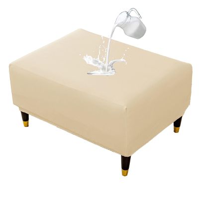 ZRCYXDW PU Leather Ottoman Cover, Waterproof Square Footrest Stool Cover Stretch Storage Ottoman Slipcover Non Slip Furniture Protector Foot Stool Cover for Living Room-Cream Color-Small