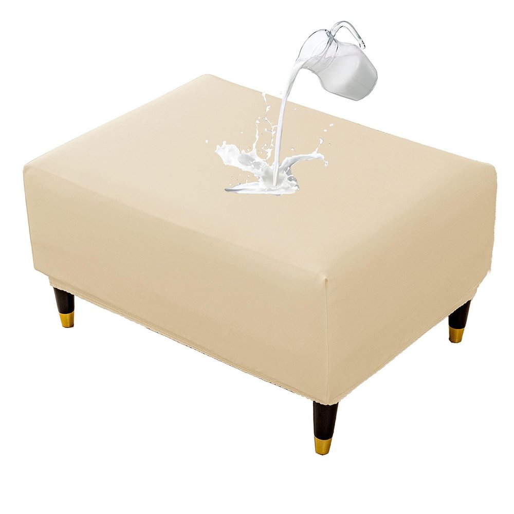 ZRCYXDW PU Leather Ottoman Cover, Waterproof Square Footrest Stool Cover Stretch Storage Ottoman Slipcover Non Slip Furniture Protector Foot Stool Cover for Living Room-Cream Color-Small