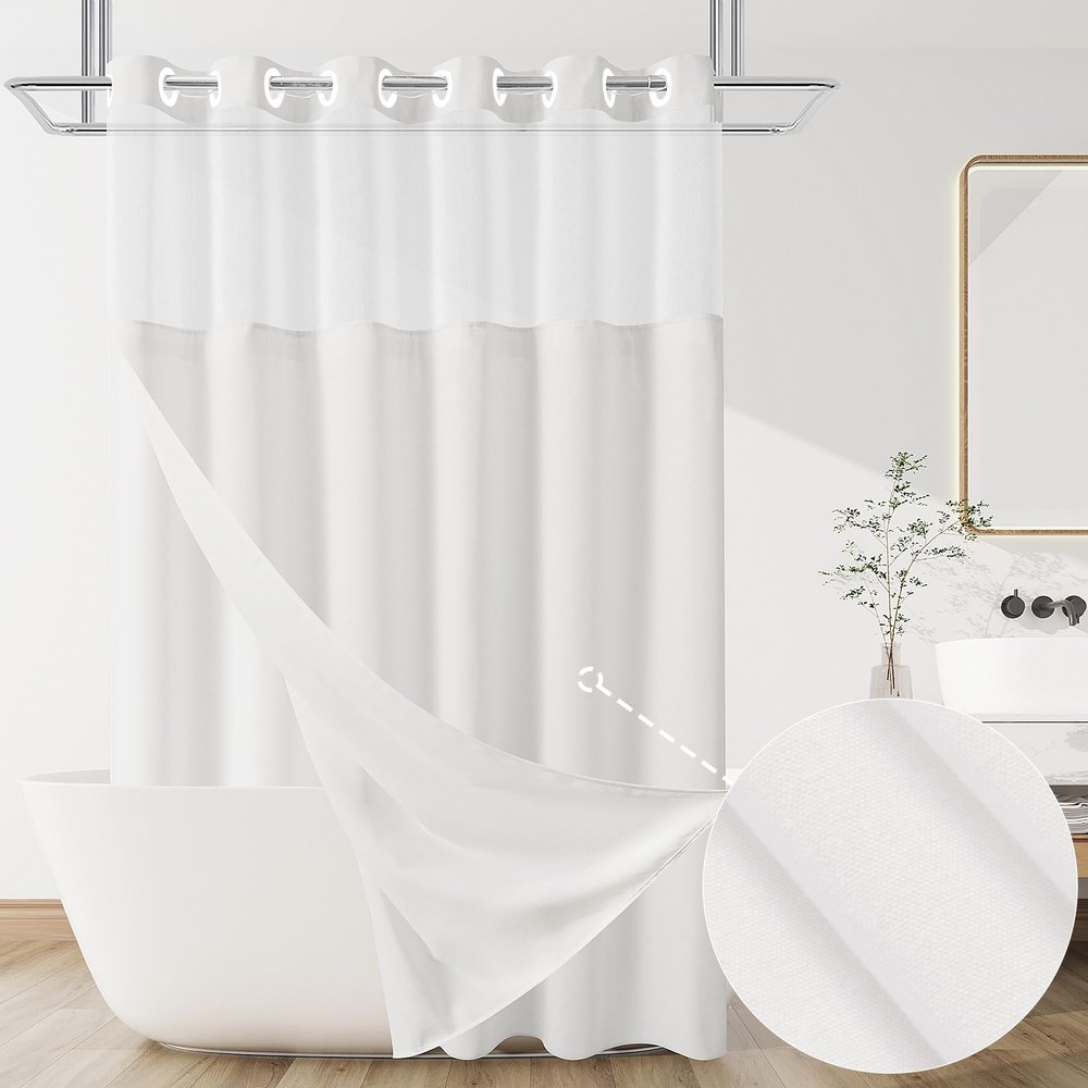 Jowels No Hooks Needed Linen Shower Curtain and Liner Set,White Hotel Luxury Decor Shower Curtains for Bathroom with See Through Top Window,Water Resistant Fabric,72Wx84L,White