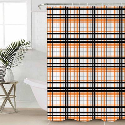 Abstract Shower Curtain for Bathroom 72" x 84" Orange Black Gray Buffalo Plaid Stripes Shower Curtain with Hooks Polyester Waterproof Home Bathtub Decor