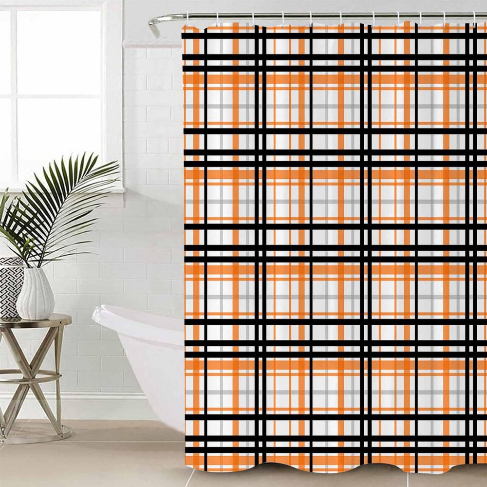 Abstract Shower Curtain for Bathroom 72" x 84" Orange Black Gray Buffalo Plaid Stripes Shower Curtain with Hooks Polyester Waterproof Home Bathtub Decor