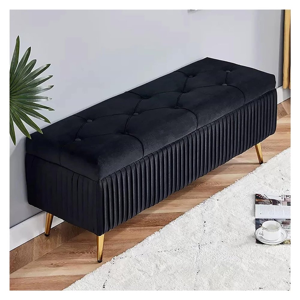 Fodalob Storage Bench with Velvet Seat and Gold Metal Legs, Bedroom Bench Ottoman with Storage for Living Room, Entryway, Hallway, Foot Rest(Black,80x40x45cm)