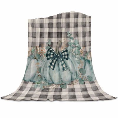 Thanksgiving Green Pumpkin Throw Blankets Gifts, Soft Flannel Fleece Microfiber Blankets, Plaid Buffalo Checkered Eucalyptus Leaves Warm Bed Blanket Throws for Chair Sofa Couch Bedroom Camper 40x50 in