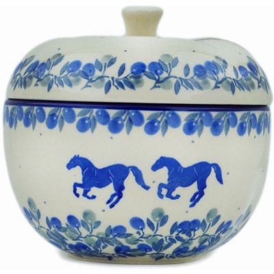 Polmedia Polish Pottery Apple Shaped Jar - Horse Gallop Pattern Handmade in Boleslawiec Poland by Ceramika Artystyczna + Certificate of Authenticity