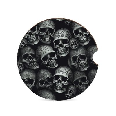 Black Skull Car Coasters Waterproof Anti Slip Car Cup Holder Drink Coasters with Finger Slot Auto Accessories for Women Men