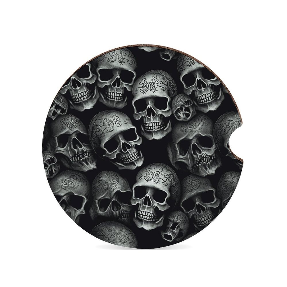 Black Skull Car Coasters Waterproof Anti Slip Car Cup Holder Drink Coasters with Finger Slot Auto Accessories for Women Men