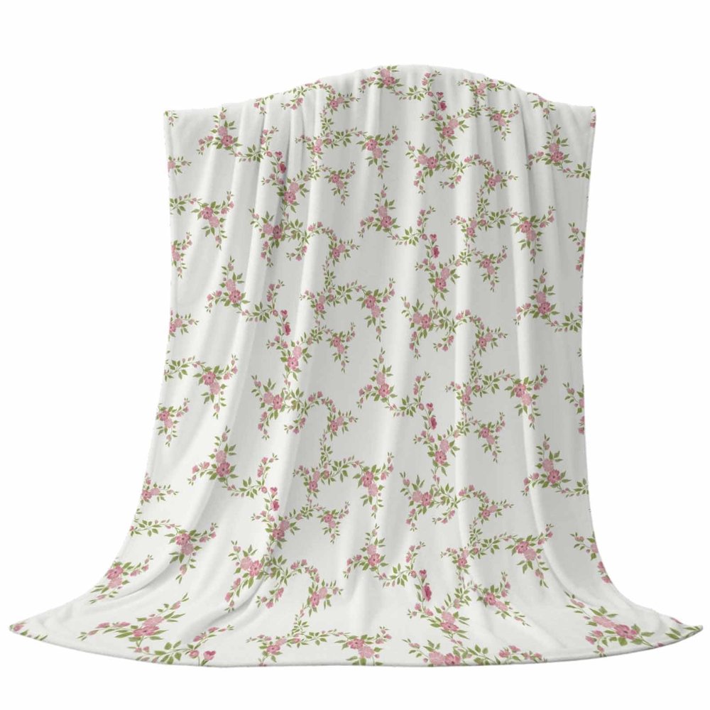 Pink Green Flower Floral Throw Blankets Gifts, Soft Flannel Fleece Microfiber Blankets, Country French Romantic Botanical Warm Bed Blanket Throws for Chair Sofa Couch Bedroom Camper 50x80 in