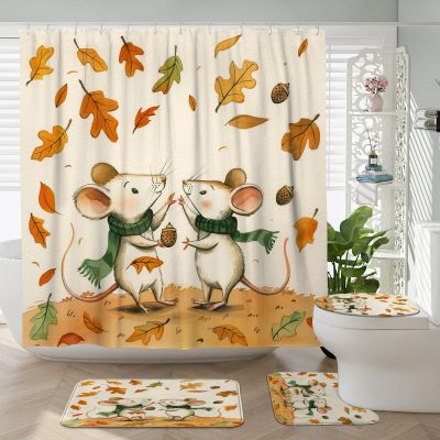 TPHIHPT 4PCS Fall Watercolor Rat Bathroom Sets, Bath Accessory with Non-Slip Rug, U Shape and Toilet Lid Cover Mat, Fun Maple Mouse Bathroom Decor-72" x 72"