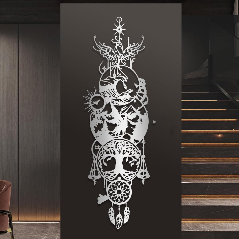 Four Element Metal Wall Art, Mystic 4 Elements of Nature Sign, Metal Wall Decor, Phoenix, Sea Wave, Tree of Life Wall Art, Dreamcatcher, Earth, Fire, Water, Air Signs, Nature Wall Decor (Silver, 20"x59"|52x150cm)