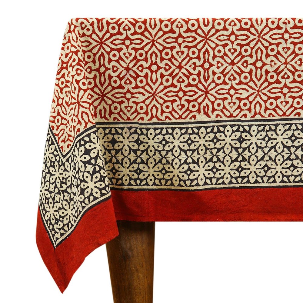 60x90 Inches Rectangle Hand Block Printed Cotton Tablecloth, Red Black Floral Table Cloths Washable, Indian Table Linen for Valentine Thanksgiving Gifts Home Decor Dinning Outdoor