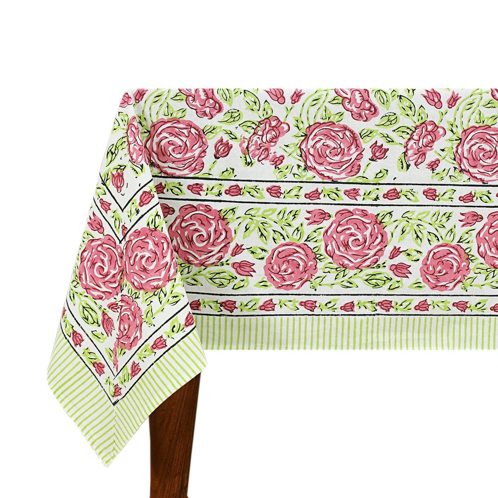 80x120 Inches Rectangle Hand Block Printed Cotton Tablecloth, Pink Green Floral Table Cloths Washable, Indian Table Linen for Valentine Thanksgiving Gifts Home Decor Dinning Outdoor