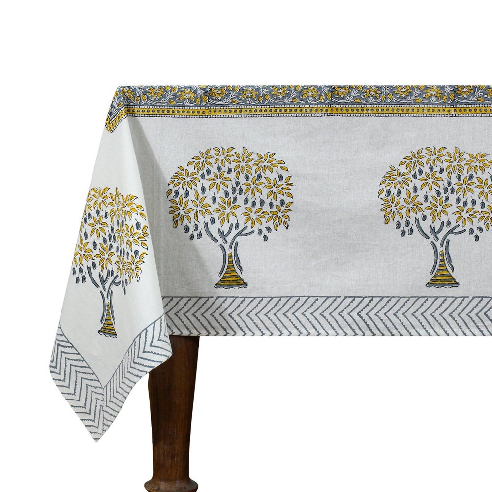 72x72 Inches Square Hand Block Printed Cotton Tablecloth, White Yellow Floral Table Cloths Washable, Indian Table Linen for Valentine Thanksgiving Gifts Home Decor Dinning Outdoor