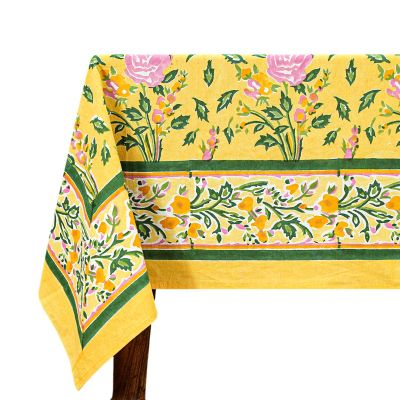 110x110 Inches Square Hand Block Printed Cotton Tablecloth, Yellow Green Floral Table Cloths Washable, Indian Table Linen for Valentine Thanksgiving Gifts Home Decor Dinning Outdoor