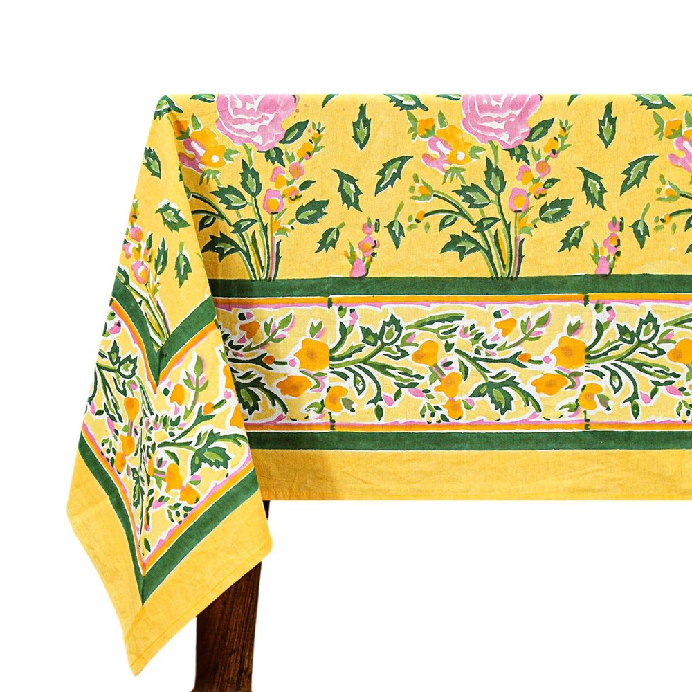110x110 Inches Square Hand Block Printed Cotton Tablecloth, Yellow Green Floral Table Cloths Washable, Indian Table Linen for Valentine Thanksgiving Gifts Home Decor Dinning Outdoor
