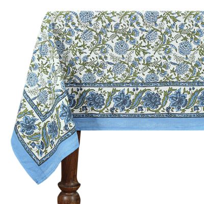 48x102 Inches Rectangle Hand Block Printed Cotton Tablecloth, Blue Green Floral Table Cloths Washable, Indian Table Linen for Valentine Thanksgiving Gifts Home Decor Dinning Outdoor