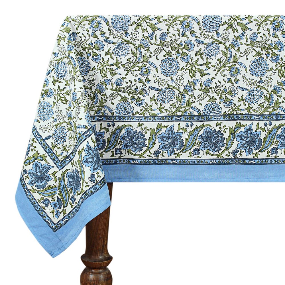 48x102 Inches Rectangle Hand Block Printed Cotton Tablecloth, Blue Green Floral Table Cloths Washable, Indian Table Linen for Valentine Thanksgiving Gifts Home Decor Dinning Outdoor