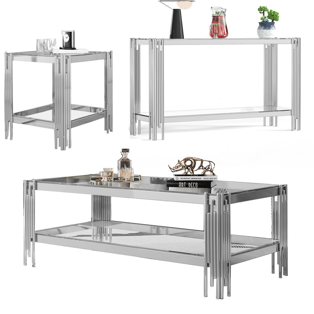 3 Piece Living Room Table Set Luxury Glass Coffee Table Set with Silver Stainless Steel Frame Set of 3 Modern Glass Coffee Table Console Table End Table for Living Room Home Office