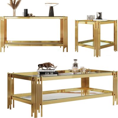 3 Piece Living Room Table Set Luxury Glass Coffee Table Set with Gold Stainless Steel Frame Set of 3 Modern Glass Coffee Table Console Table End Table for Living Room Home Office