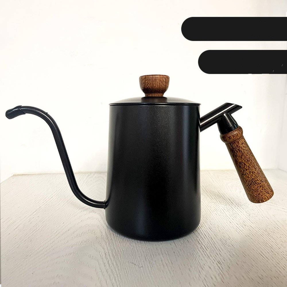 ECMGANDUE 304 stainless steel coffee pour-over pot with lid, solid wood handle, thin mouth, long spout kettle, wooden handle hanging ear coffee pot 600ml, pictured