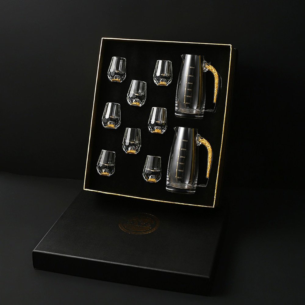 Hwocw 3D Glacier Whiskey Glass Cup Crystal Gold Foil Shot Glasses, Shot Glasses Set with 24k Gold Flakes, Luxury Tiny Shot Cups Thick Base (2*Wine jug+8*Wine glass(300ml)), general